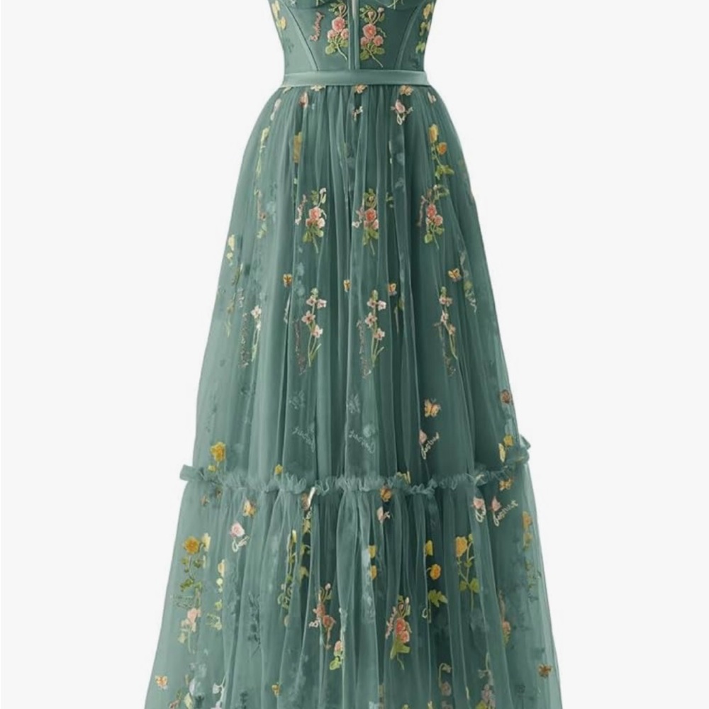 Elegant Floral Embroidered Green Dress